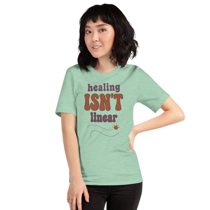Healing Isn't Linear soft retro mental health tee — Heather Prism Mint, on model