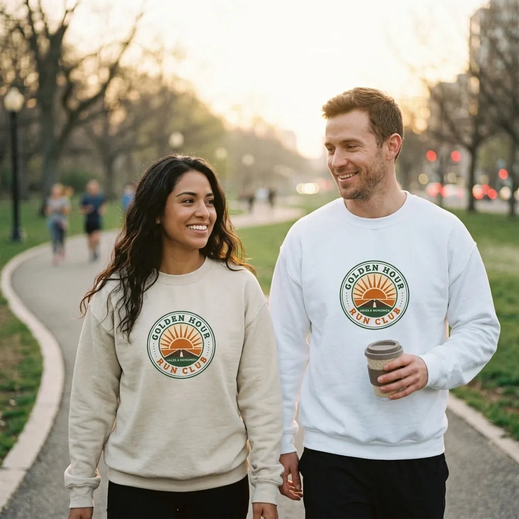 Golden Hour Run Club crewneck on a couple — woman in Sand, man in White — golden-hour park run