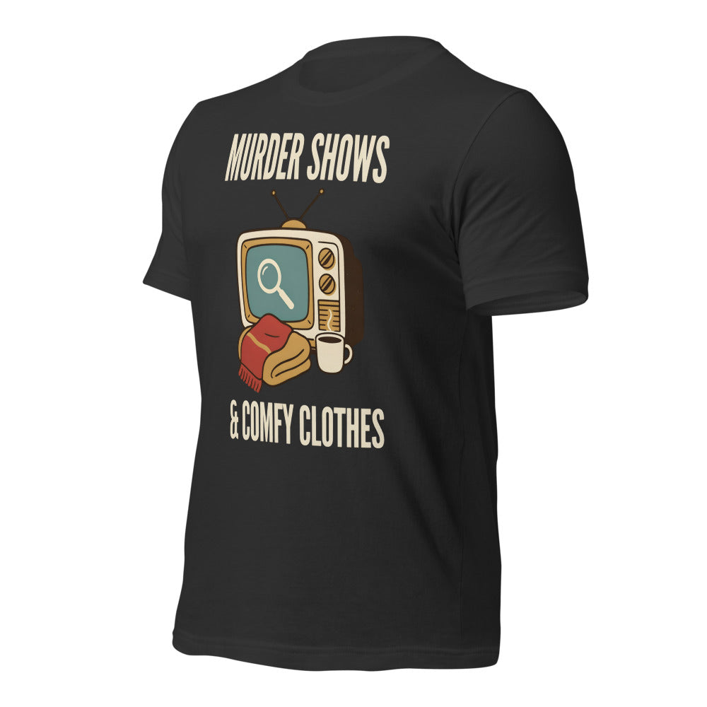 Murder Shows and Comfy Clothes cozy true crime tee — Dark Grey, front-right