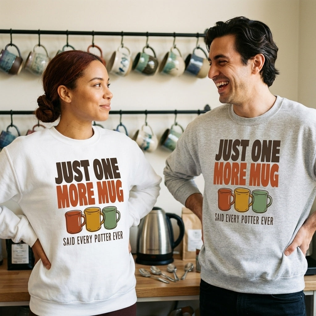 Just One More Mug funny pottery crewneck sweatshirt — lifestyle