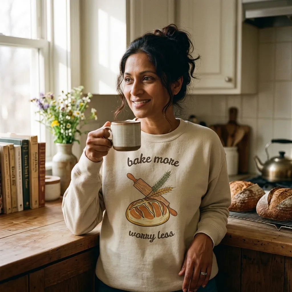 Woman in cozy kitchen wearing Bake More Worry Less retro kitchen sourdough crewneck sweatshirt — Ash block