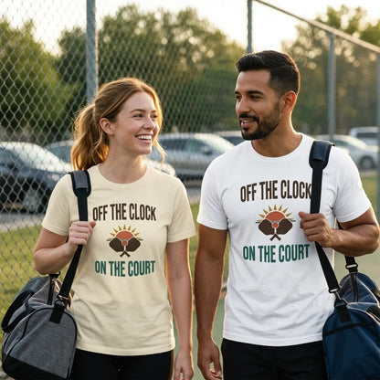 couple walking off pickleball court wearing Off The Clock On The Court retro pickleball tee — HP Natural