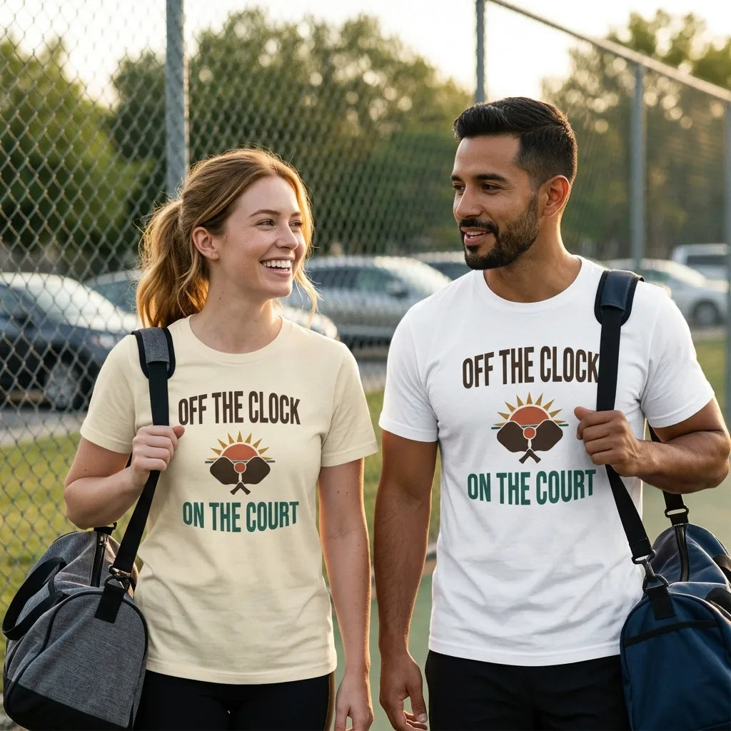 couple walking off pickleball court wearing Off The Clock On The Court retro pickleball tee — Tan