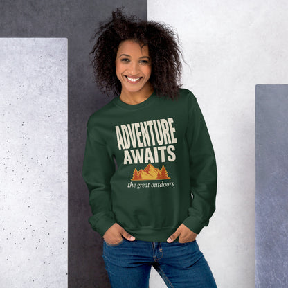 Adventure Awaits retro outdoors typography crewneck sweatshirt — Forest Green, worn by model