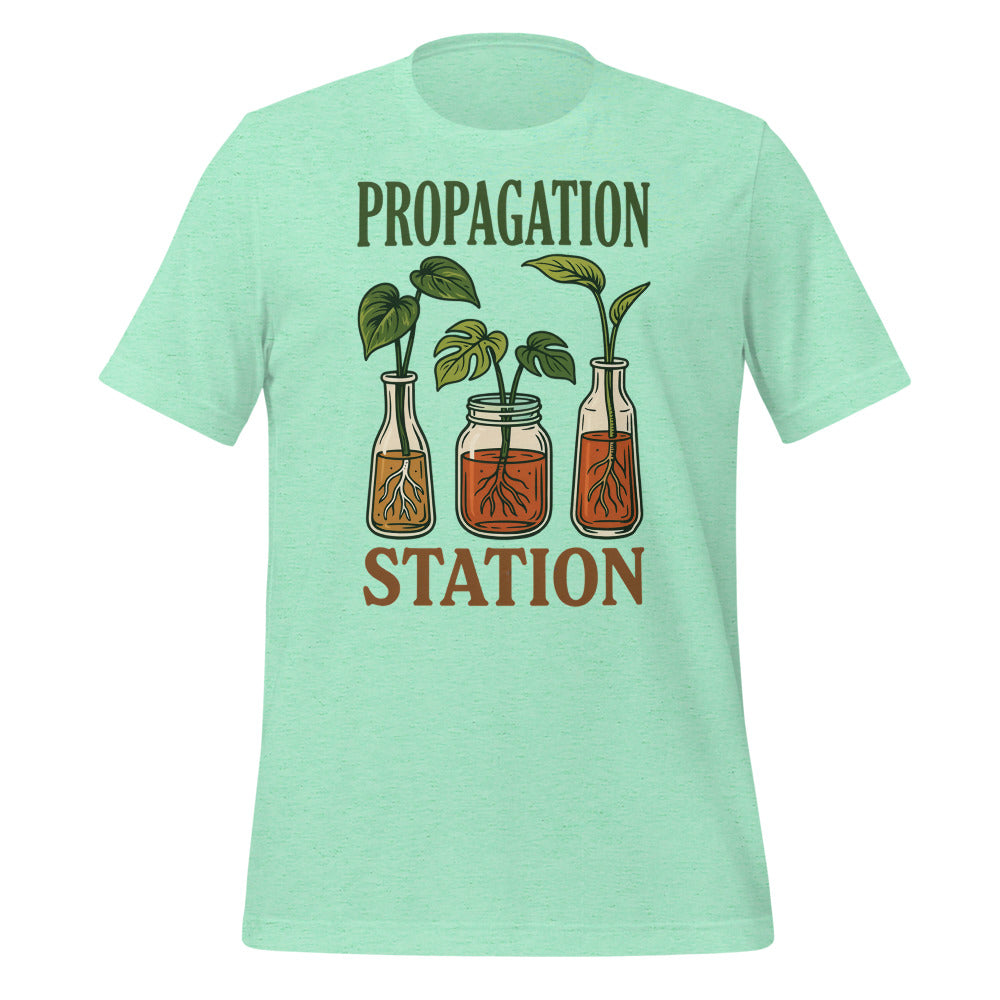 Propagation Station retro botanical plant lover tee — Heather Mint, front