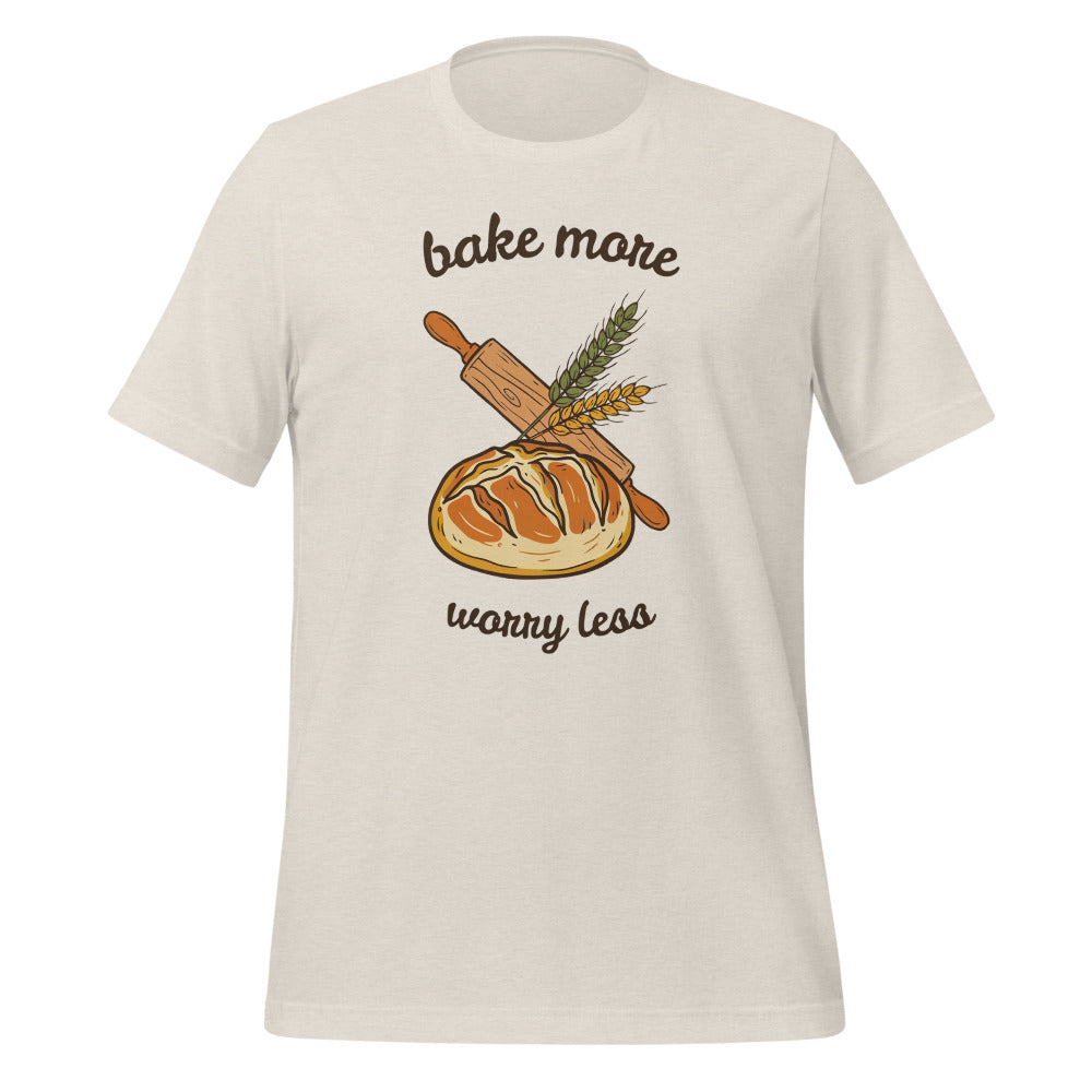 Bake More Worry Less retro kitchen sourdough tee — Heather Dust, front