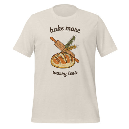 Bake More Worry Less retro kitchen sourdough tee — Heather Dust, front
