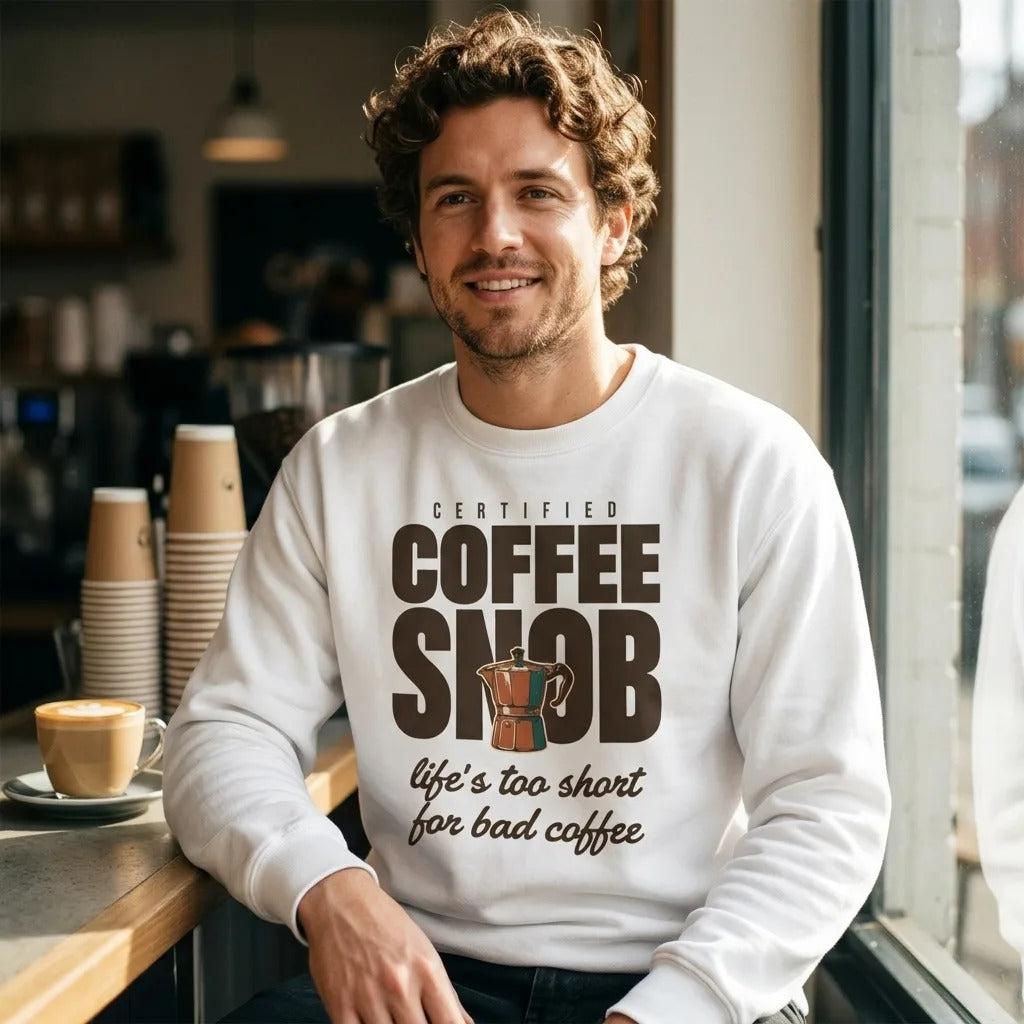 Certified Coffee Snob coffee crewneck sweatshirt — lifestyle