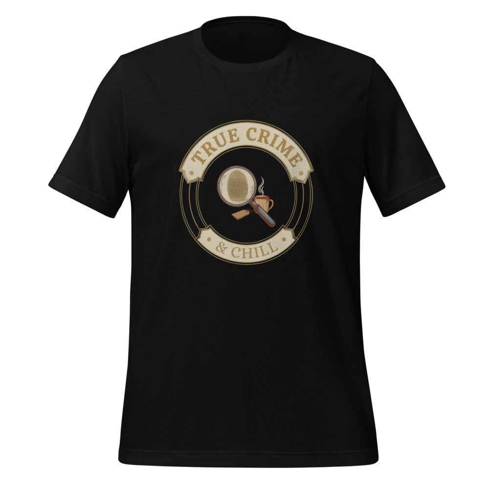 True Crime and Chill vintage case-file badge tee — Black, front