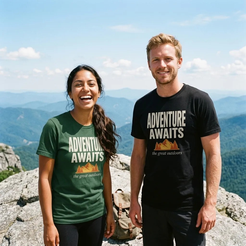 Two hikers at a mountain summit wearing the Adventure Awaits retro outdoors tee in Forest and Black