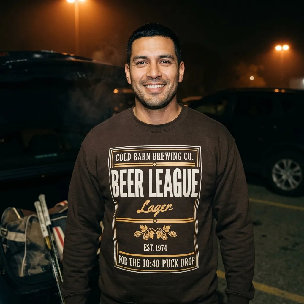 Beer League Cold Barn Brewing lager crewneck sweatshirt — lifestyle