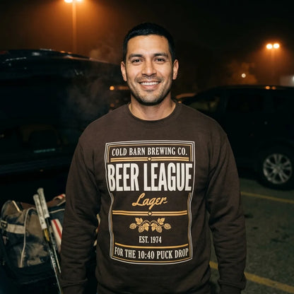Beer League Cold Barn Brewing lager crewneck sweatshirt — lifestyle