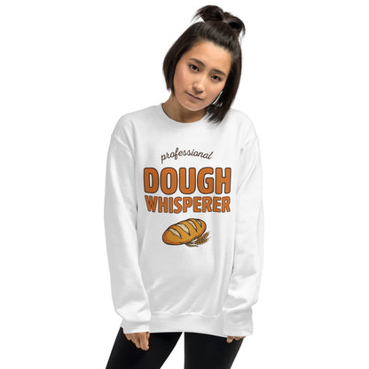 Professional Dough Whisperer funny baker crewneck sweatshirt — White, on model