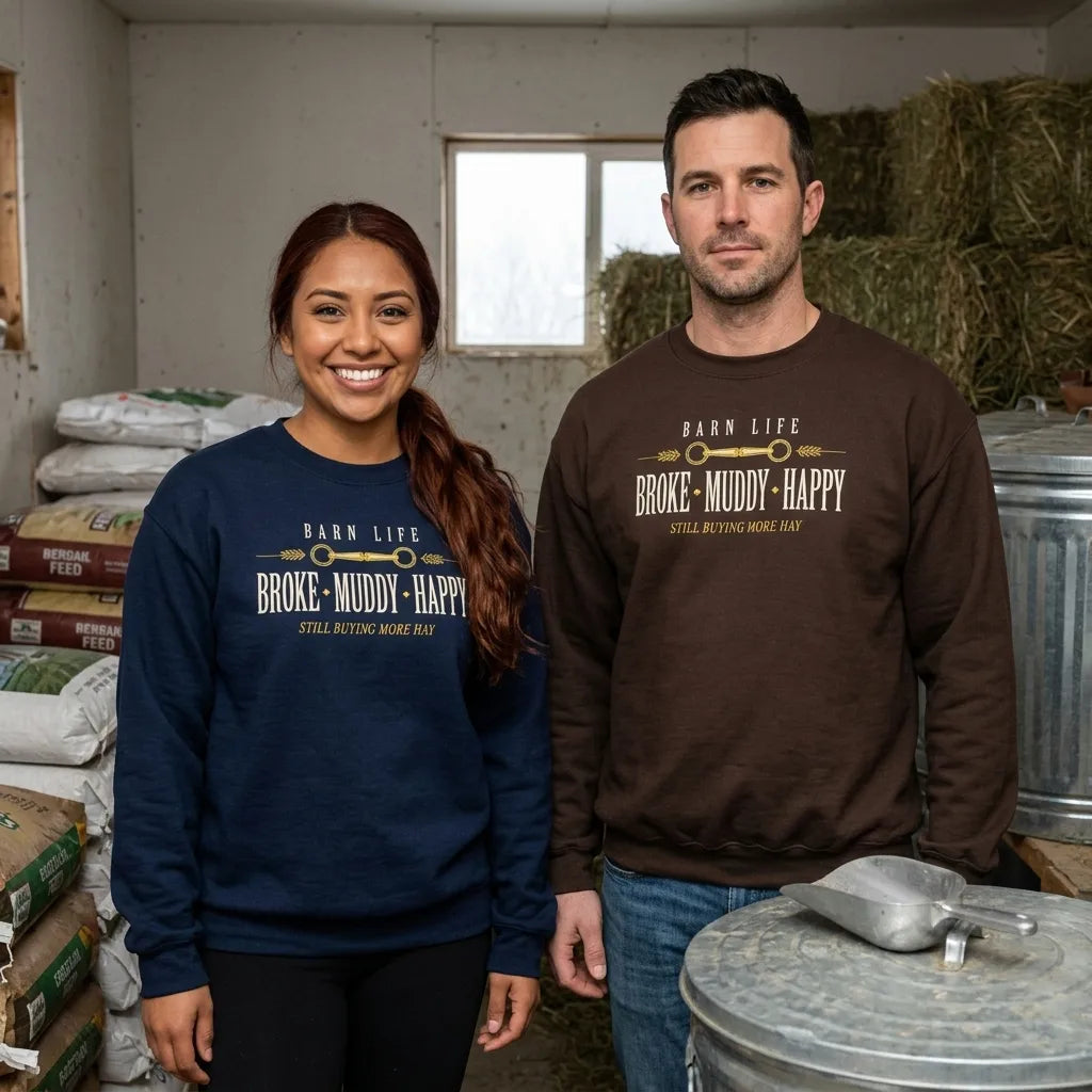 Broke Muddy Happy funny barn life equestrian crewneck sweatshirt — lifestyle