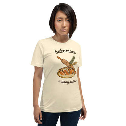 Bake More Worry Less retro kitchen sourdough tee — Natural, on model