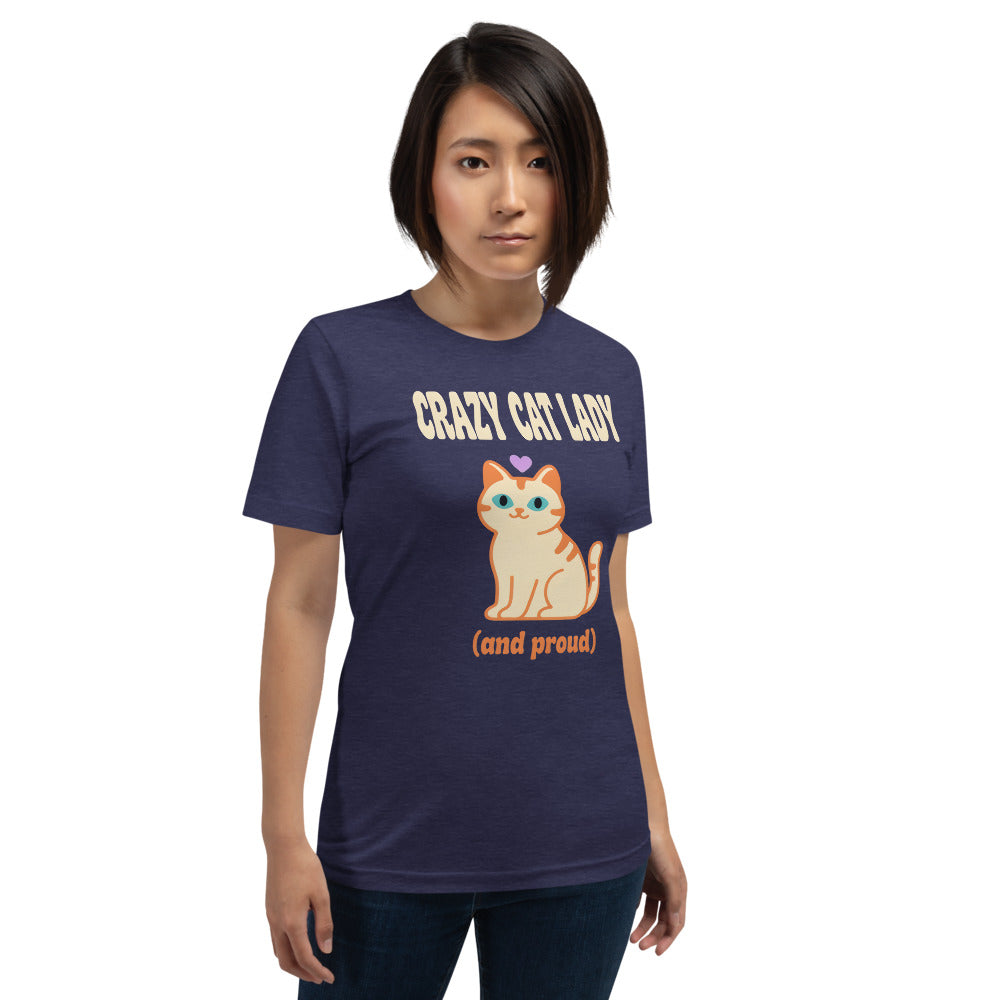 Crazy Cat Lady and Proud retro Y2K tee — Heather Midnight Navy, on model