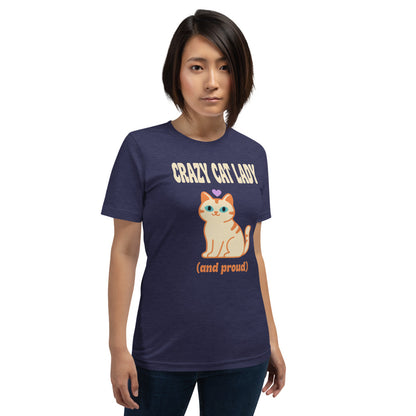 Crazy Cat Lady and Proud retro Y2K tee — Heather Midnight Navy, on model