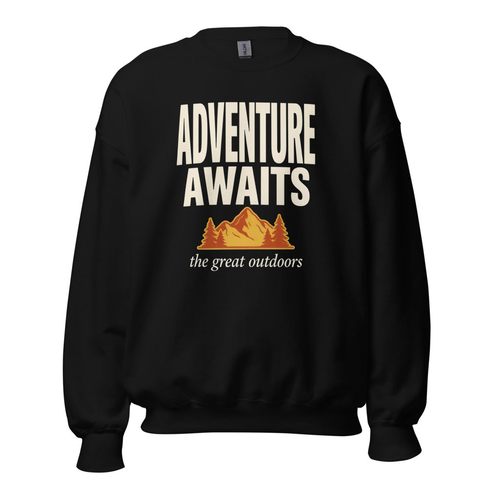 Adventure Awaits retro outdoors typography crewneck sweatshirt — Black, front