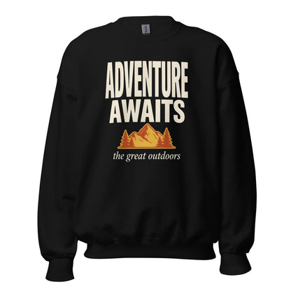 Adventure Awaits retro outdoors typography crewneck sweatshirt — Black, front