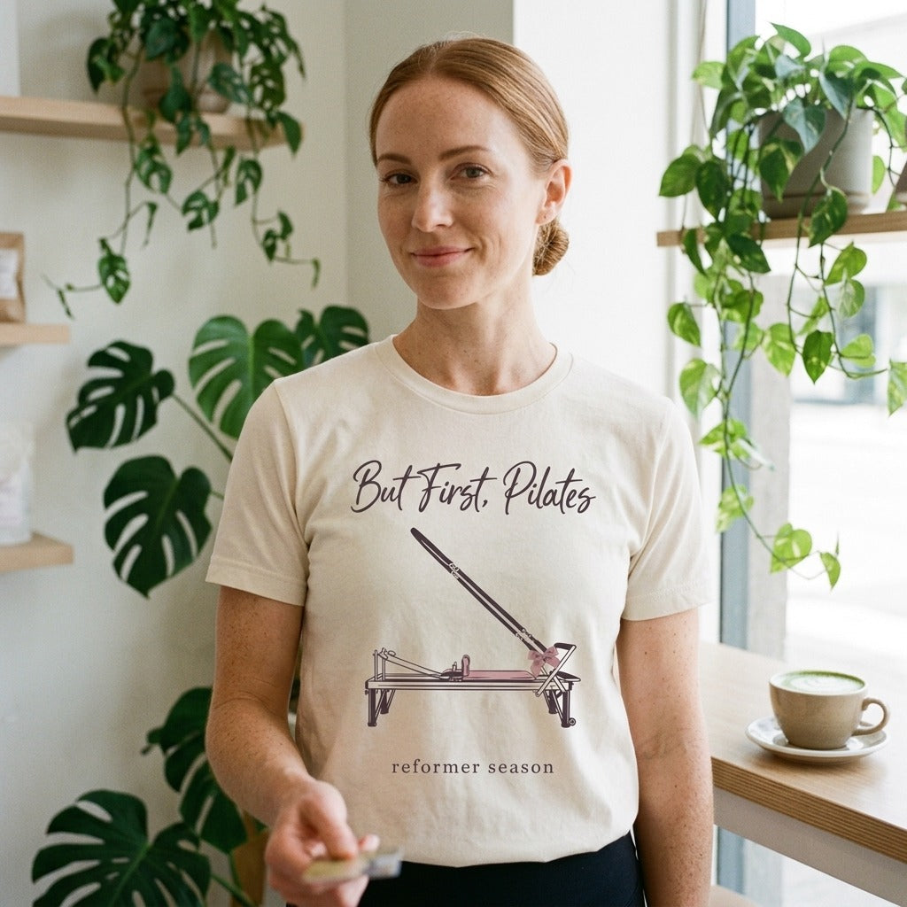 But First Pilates reformer line-art tee — lifestyle