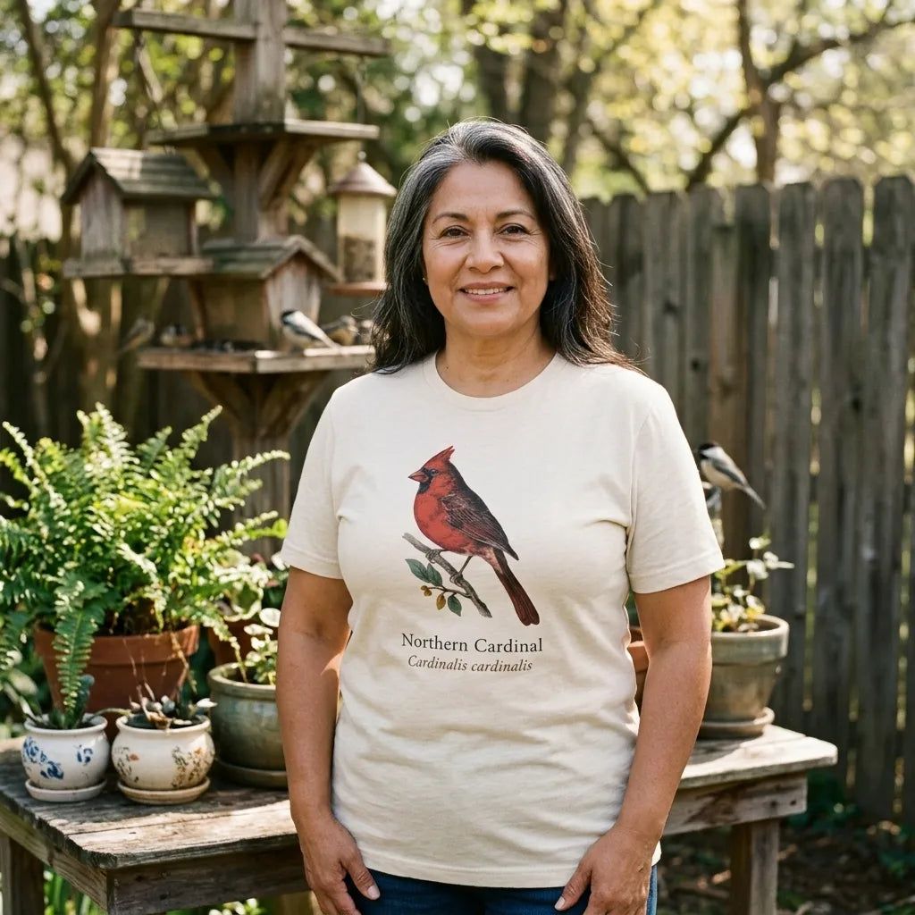 Woman at a sunlit backyard bird feeder wearing the Northern Cardinal field-guide tee — Heather Natural