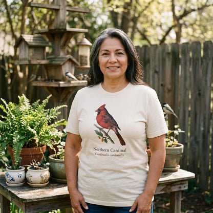 Woman at a sunlit backyard bird feeder wearing the Northern Cardinal field-guide tee — Heather Natural