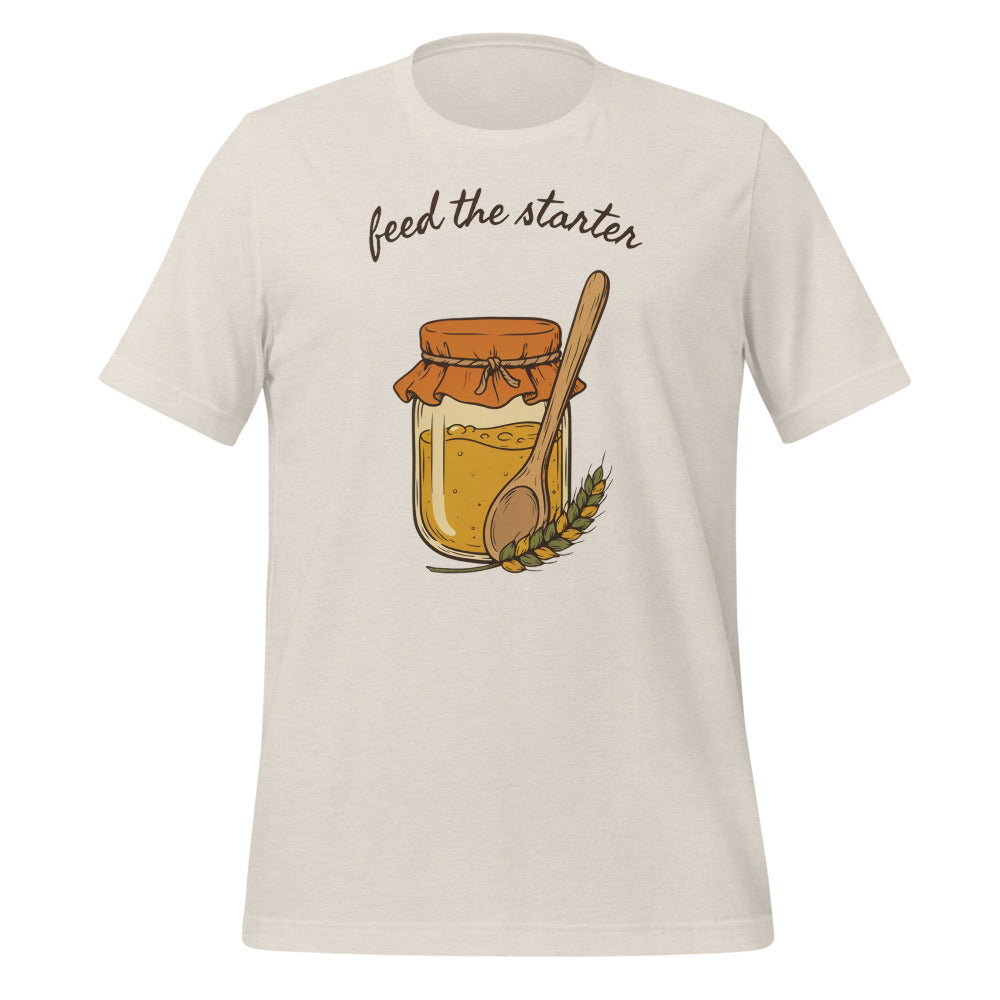 Feed The Starter sourdough baker tee — Heather Dust, front