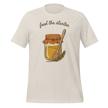 Feed The Starter sourdough baker tee — Heather Dust, front