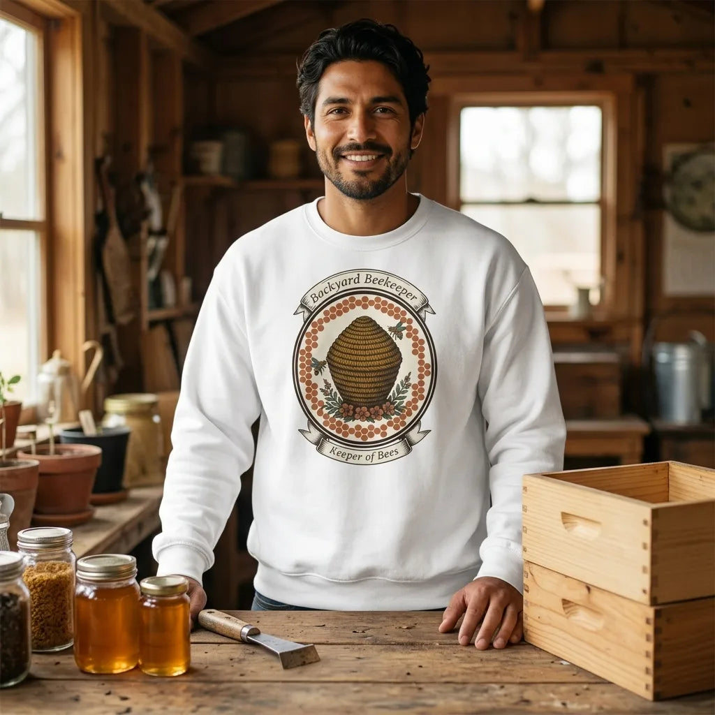 Backyard Beekeeper Keeper of Bees vintage apiary crest crewneck sweatshirt — lifestyle