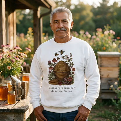 Backyard Beekeeper field-guide bee crewneck sweatshirt — lifestyle