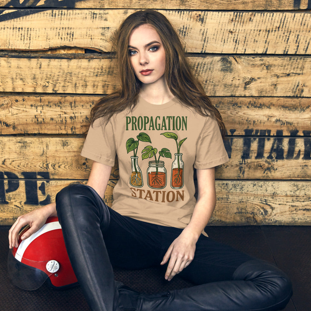 Propagation Station retro botanical plant lover tee — Tan, on model