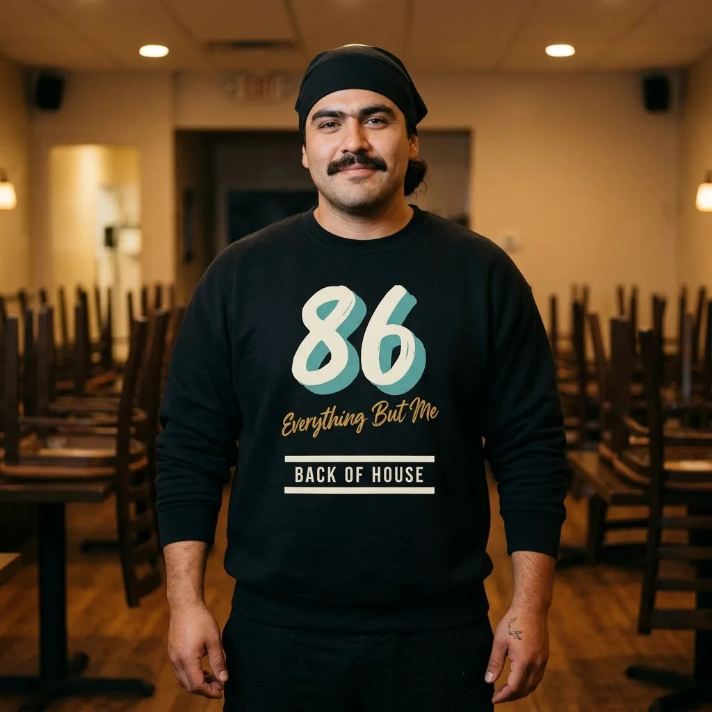 86 Everything But Me line cook back of house crewneck sweatshirt — lifestyle