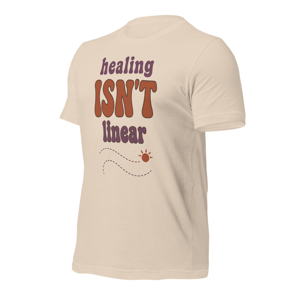 Healing Isn't Linear soft retro mental health tee — Soft Cream, front right