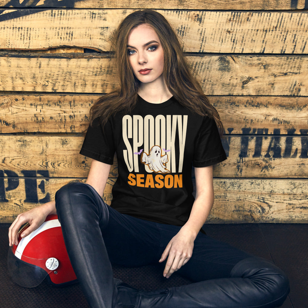 Spooky Season retro Halloween ghost typography tee — Black, on model