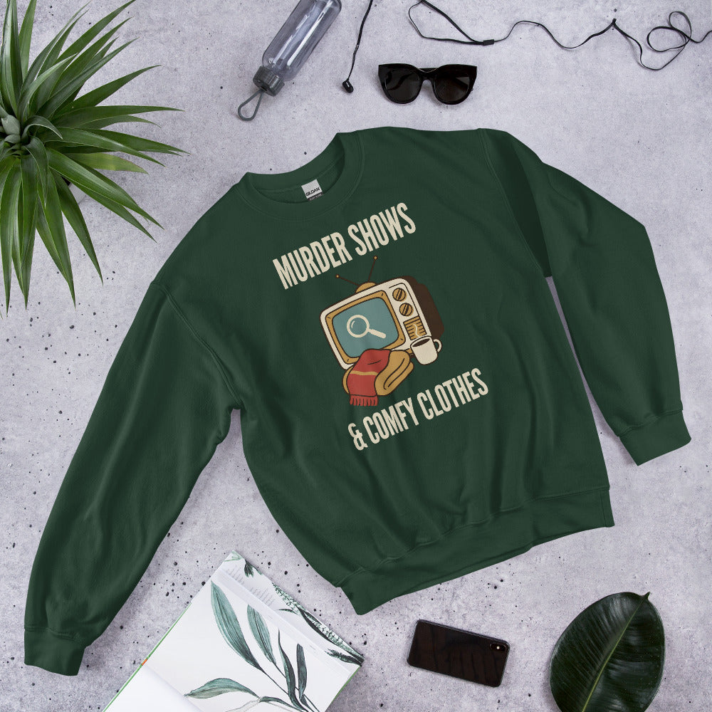 Murder Shows and Comfy Clothes cozy true crime crewneck sweatshirt — Forest Green, front-right