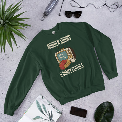 Murder Shows and Comfy Clothes cozy true crime crewneck sweatshirt — Forest Green, front-right