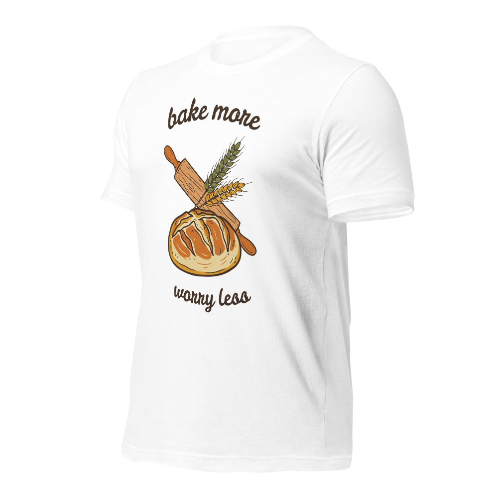 Bake More Worry Less retro kitchen sourdough tee — White, front right