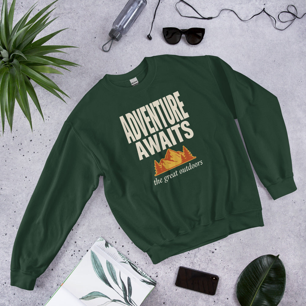 Adventure Awaits retro outdoors typography crewneck sweatshirt — Forest Green, front right