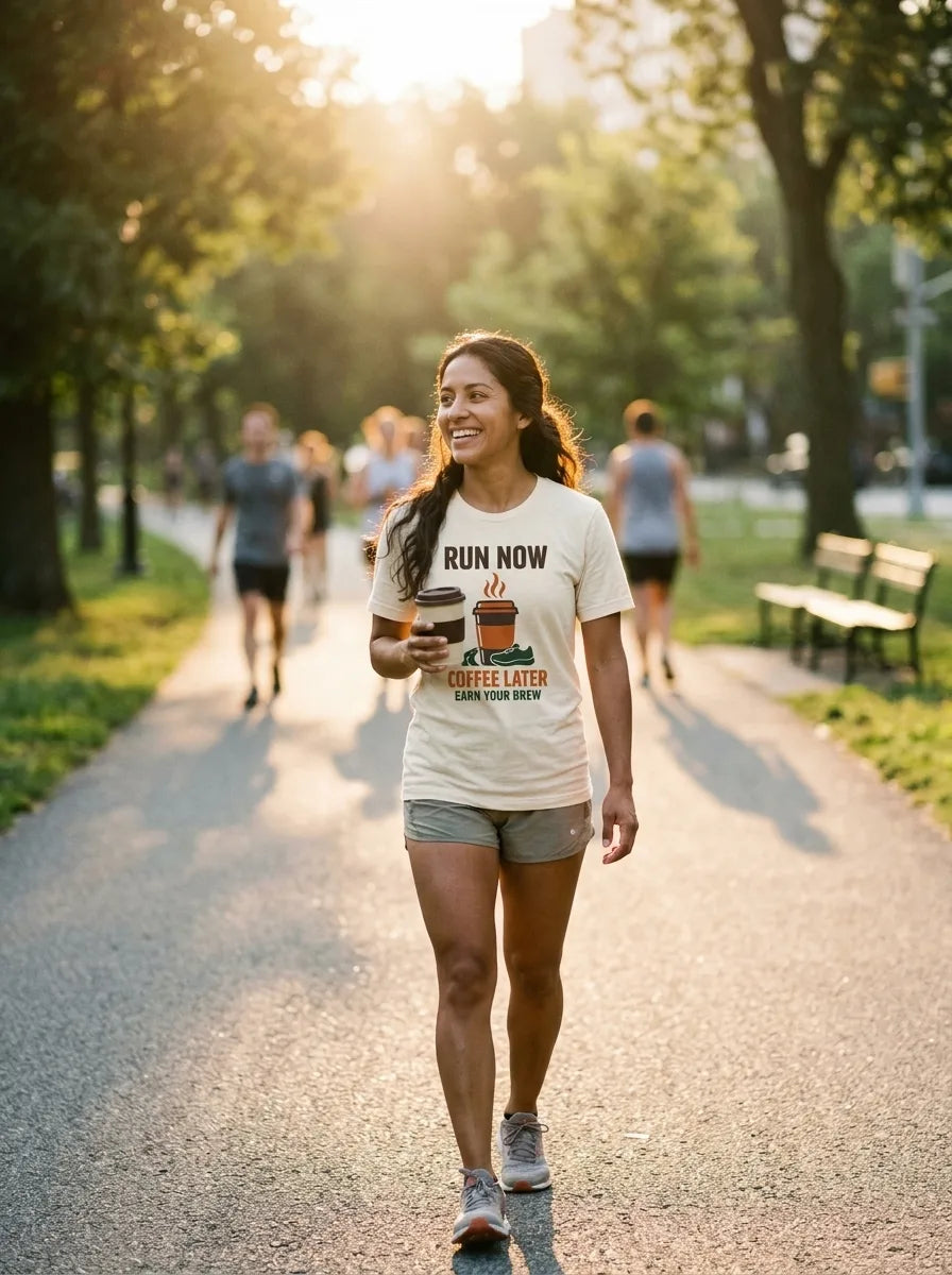 Run Now Coffee Later tee on a runner in Heather Natural — golden-hour park, morning run club