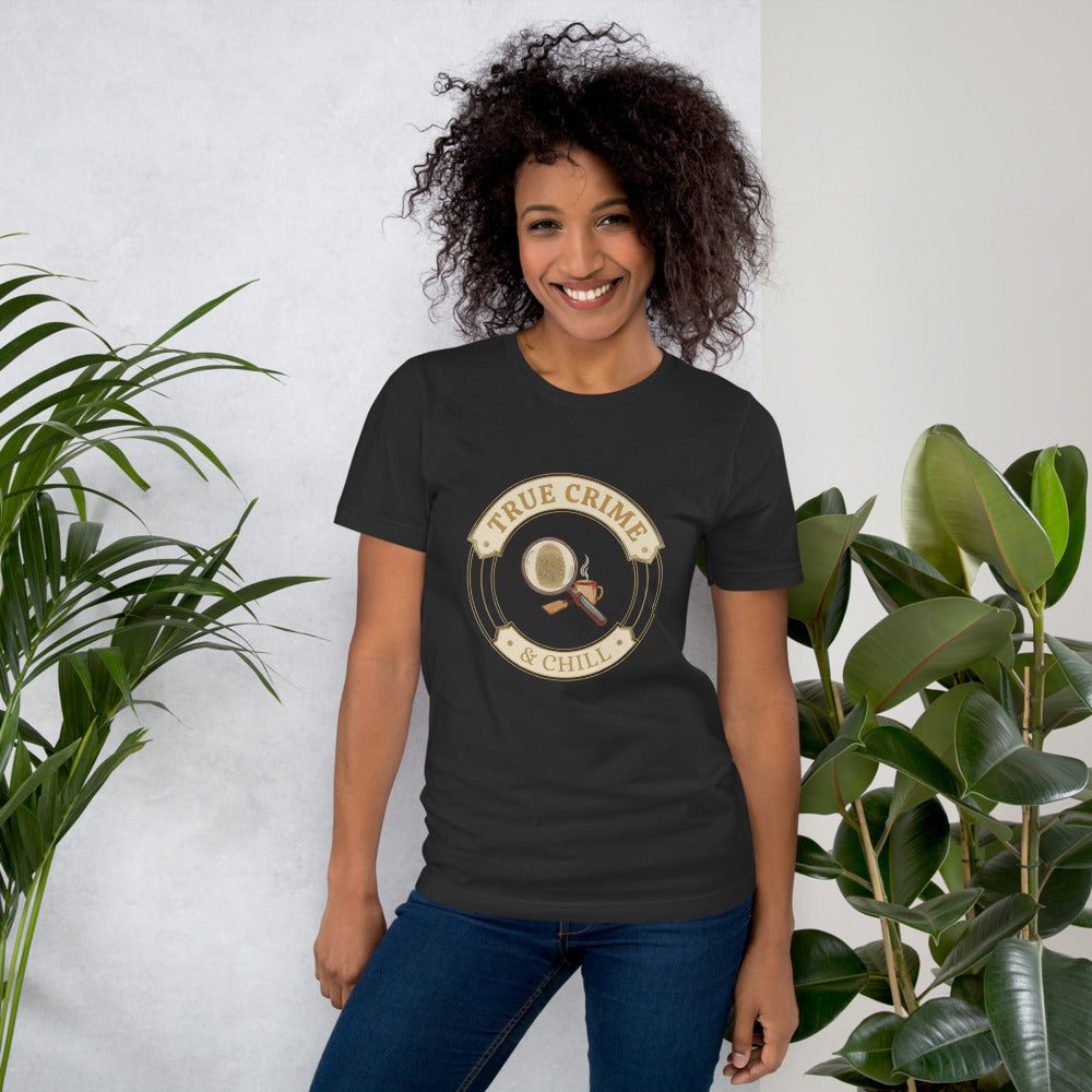 True Crime and Chill vintage case-file badge tee — Dark Grey, on model