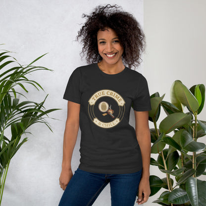 True Crime and Chill vintage case-file badge tee — Dark Grey, on model