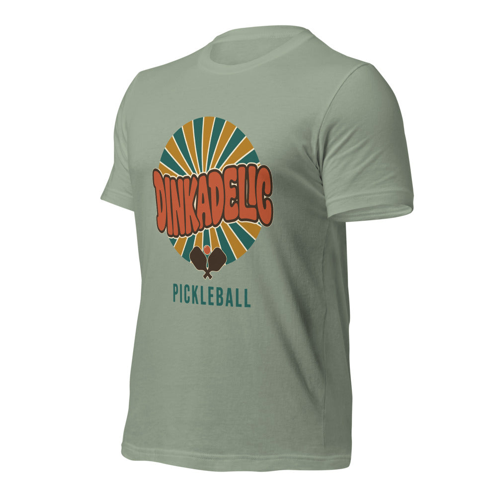 Dinkadelic retro 70s pickleball tee — Sage, front-right angle