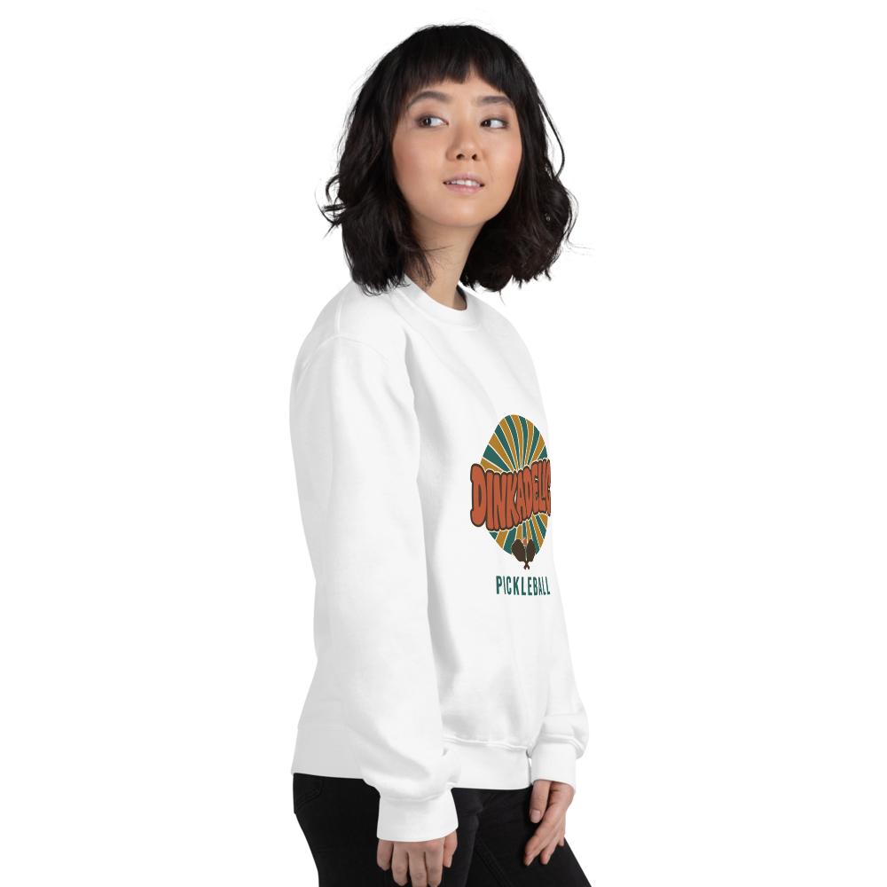 Light Blue Dinkadelic retro 70s pickleball crewneck sweatshirt model