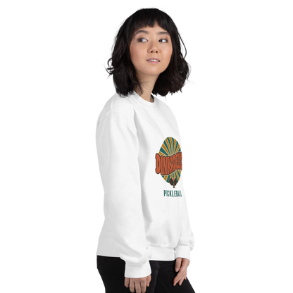 Light Blue Dinkadelic retro 70s pickleball crewneck sweatshirt model