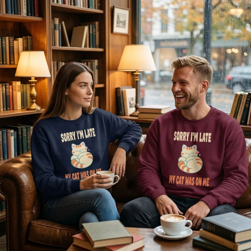 Sorry I'm Late My Cat Was On Me cat mom crewneck — two friends in navy and maroon sweatshirts at a bookstore cafe