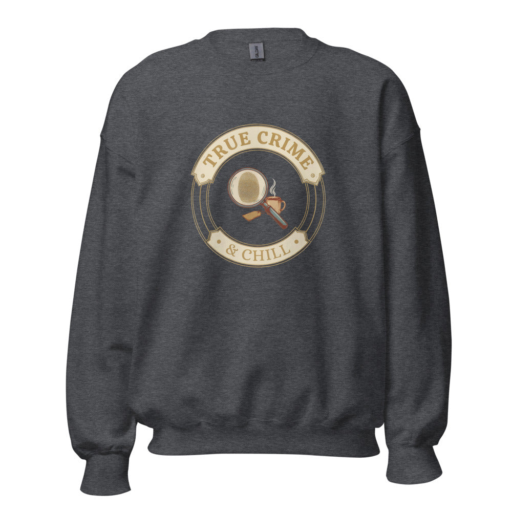 True Crime and Chill crewneck sweatshirt — Dark Heather, front