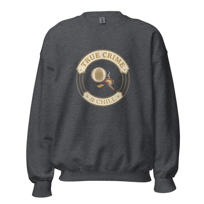 True Crime and Chill crewneck sweatshirt — Dark Heather, front