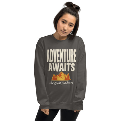 Adventure Awaits retro outdoors typography crewneck sweatshirt — Charcoal, worn by model
