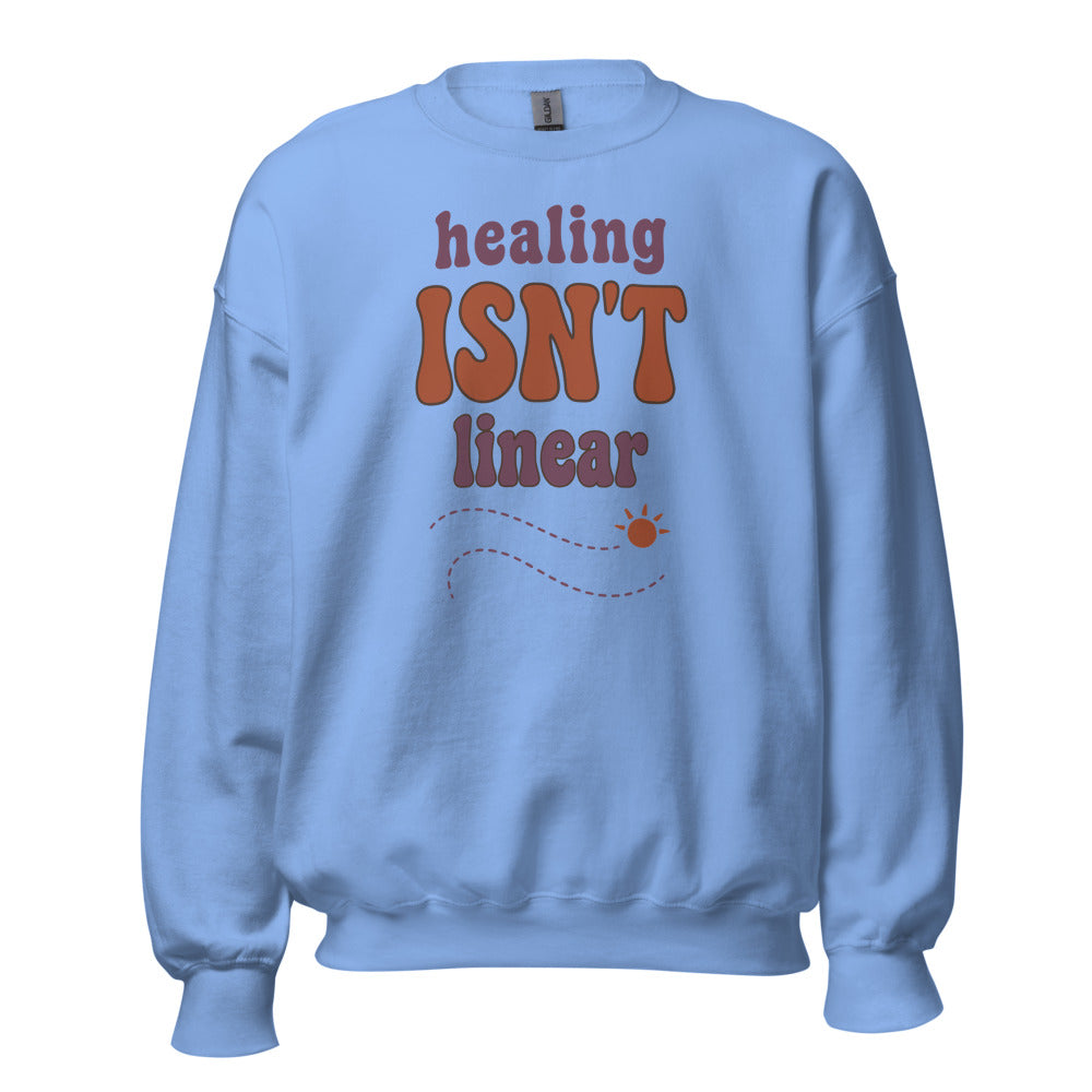 Healing Isn't Linear soft retro mental health crewneck sweatshirt — Carolina Blue, front