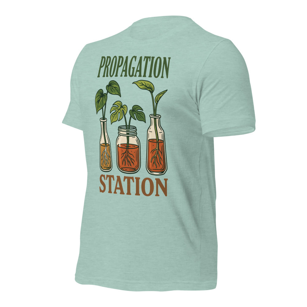 Propagation Station retro botanical plant lover tee — Heather Prism Dusty Blue, front right